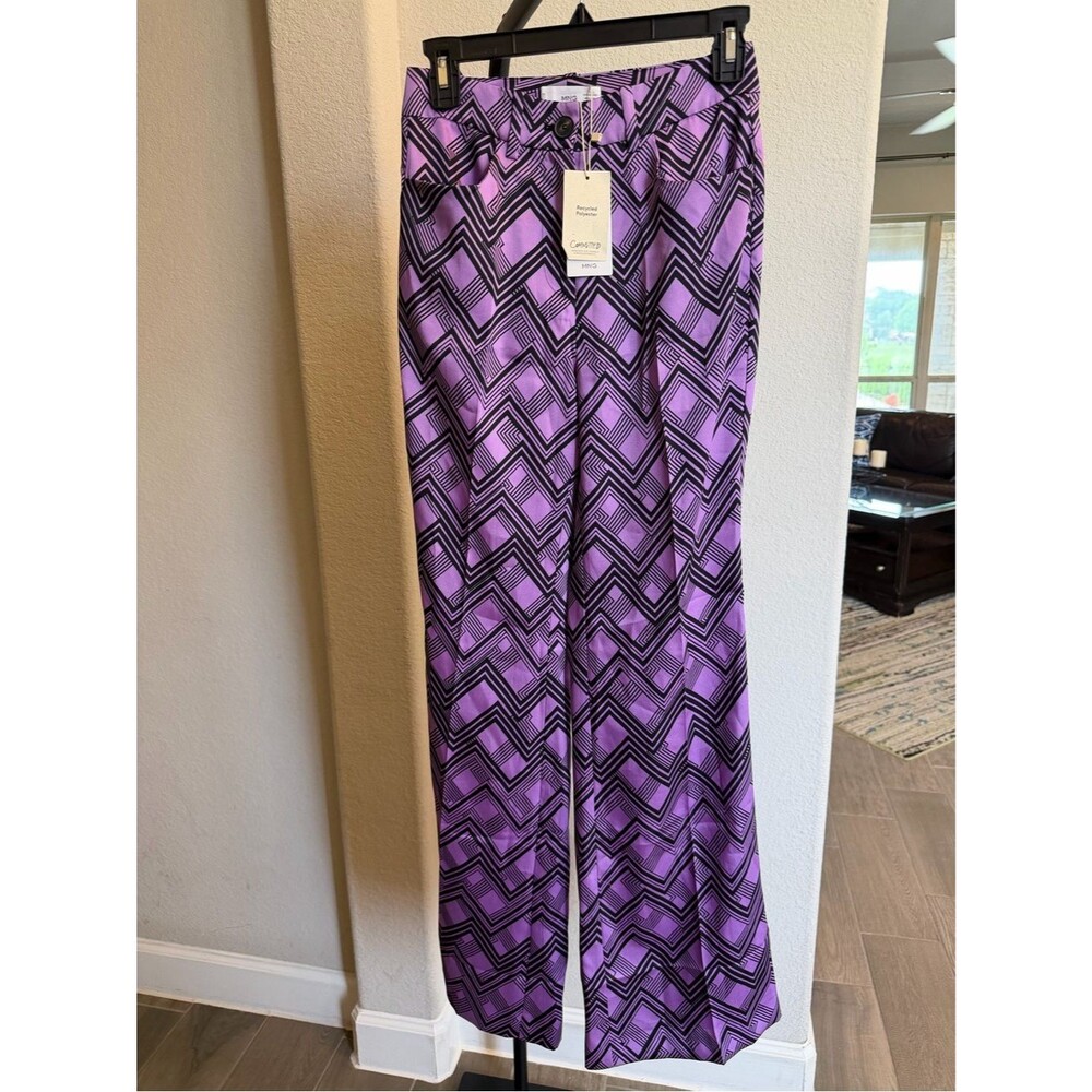 Mango MNG Black & Purple Geometric Wide-Leg Pants XS